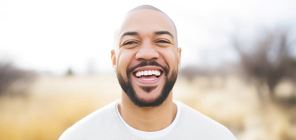 Man in white shirt smiling outside after treatment with Invisalign in Jackson